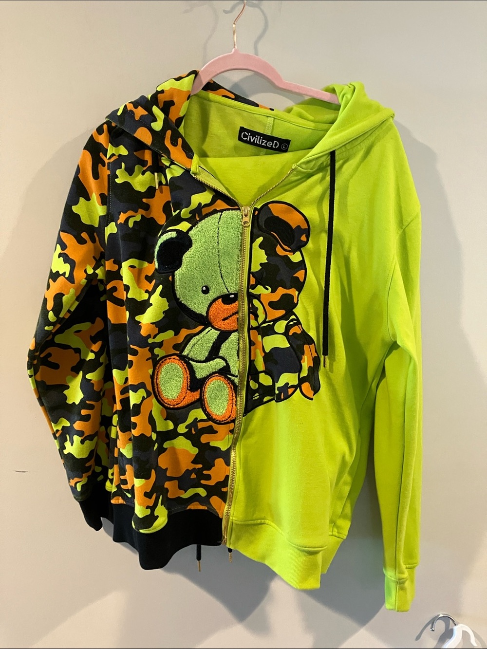 Civilized Split Bear Neon Green & Camo Teddy Zip Hoodie and Sweat Pants